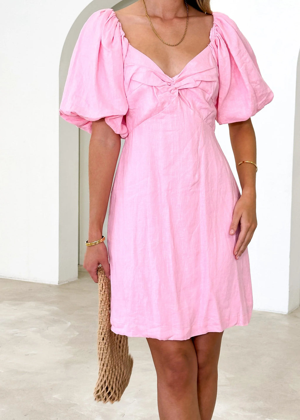 Argy  Off Shoulder Linen Dress - Pink