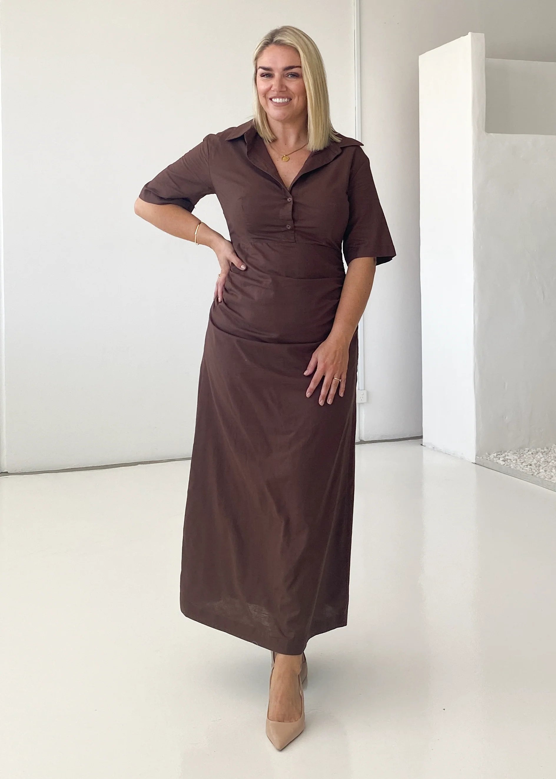 Stellar Linen Midi Dress - Espresso