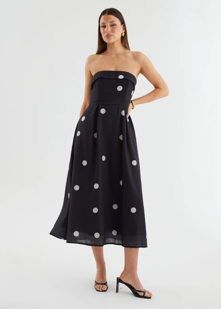 Charlee Strapless Midi Dress - Black Polka
