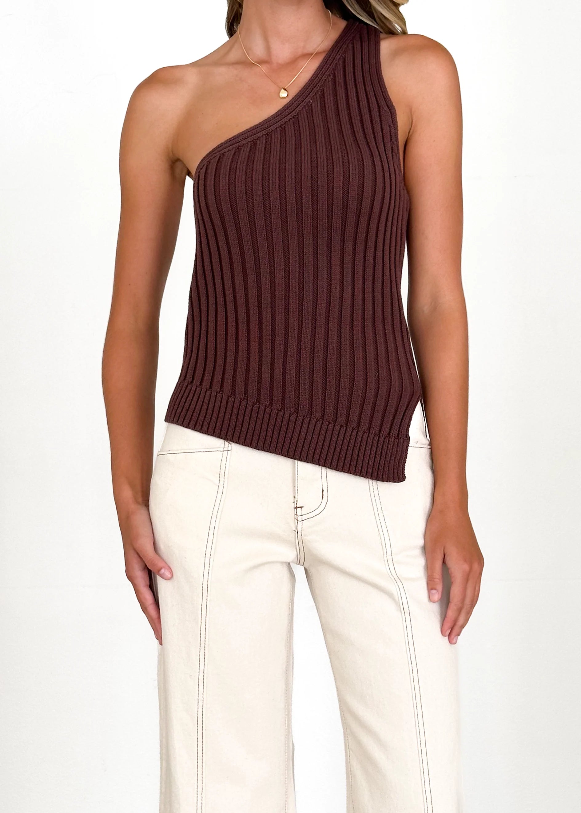 Natalee One Shoulder Knit Top - Chocolate