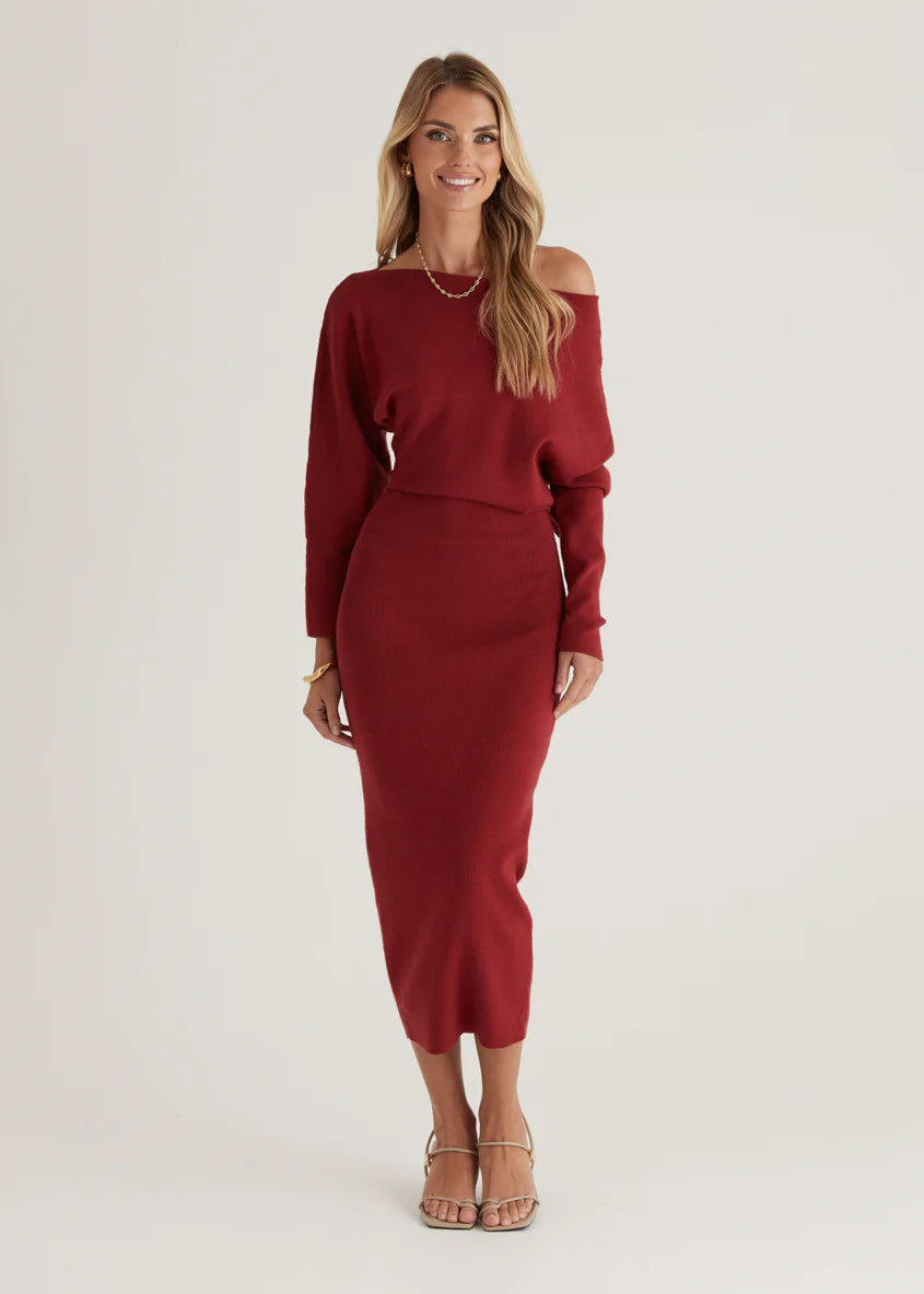 Milena Drop Shoulder Knit Midi Dress - Wine