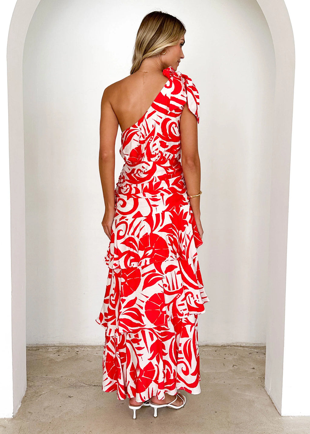 Polly One Shoulder Maxi Dress - Red Abstract