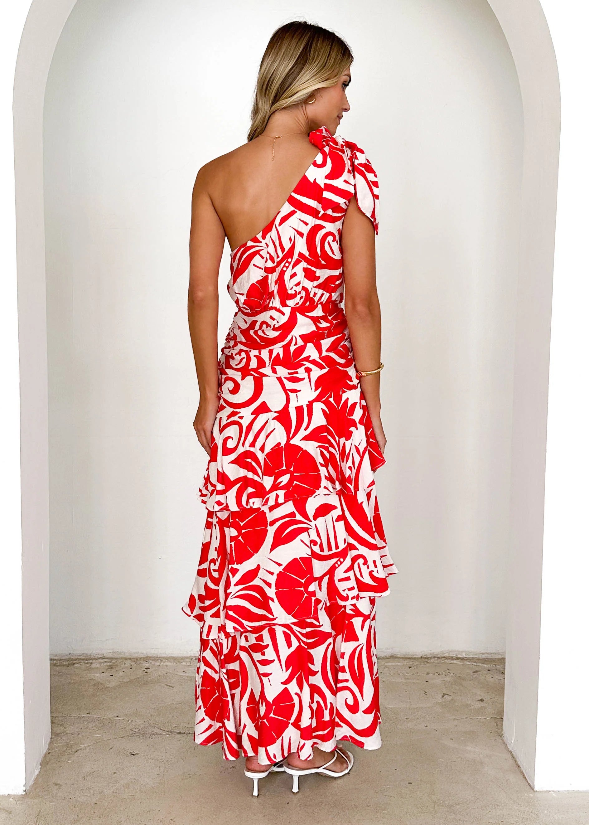 Polly One Shoulder Maxi Dress - Red Abstract