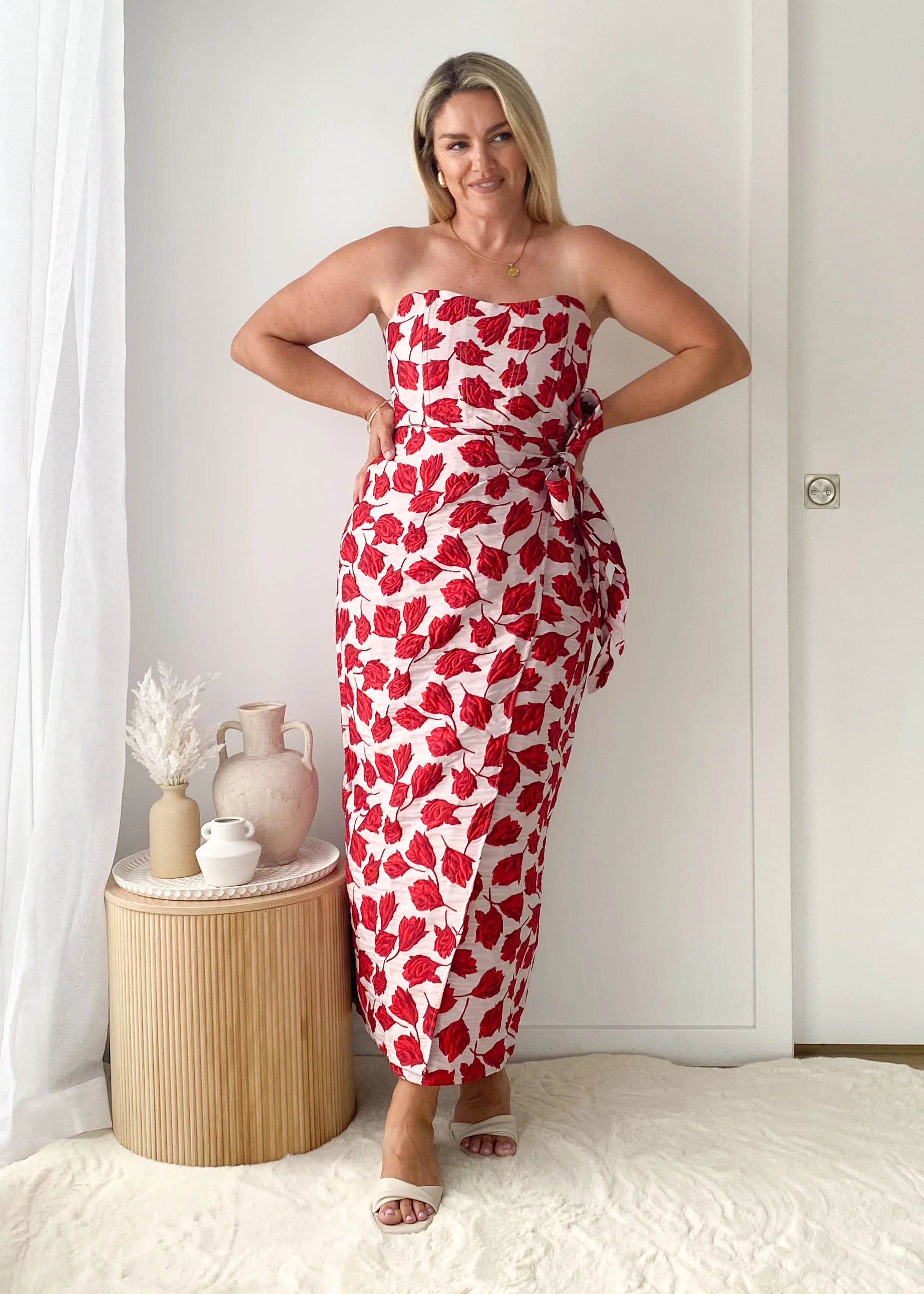 Indra Strapless Midi Dress - Red Rose