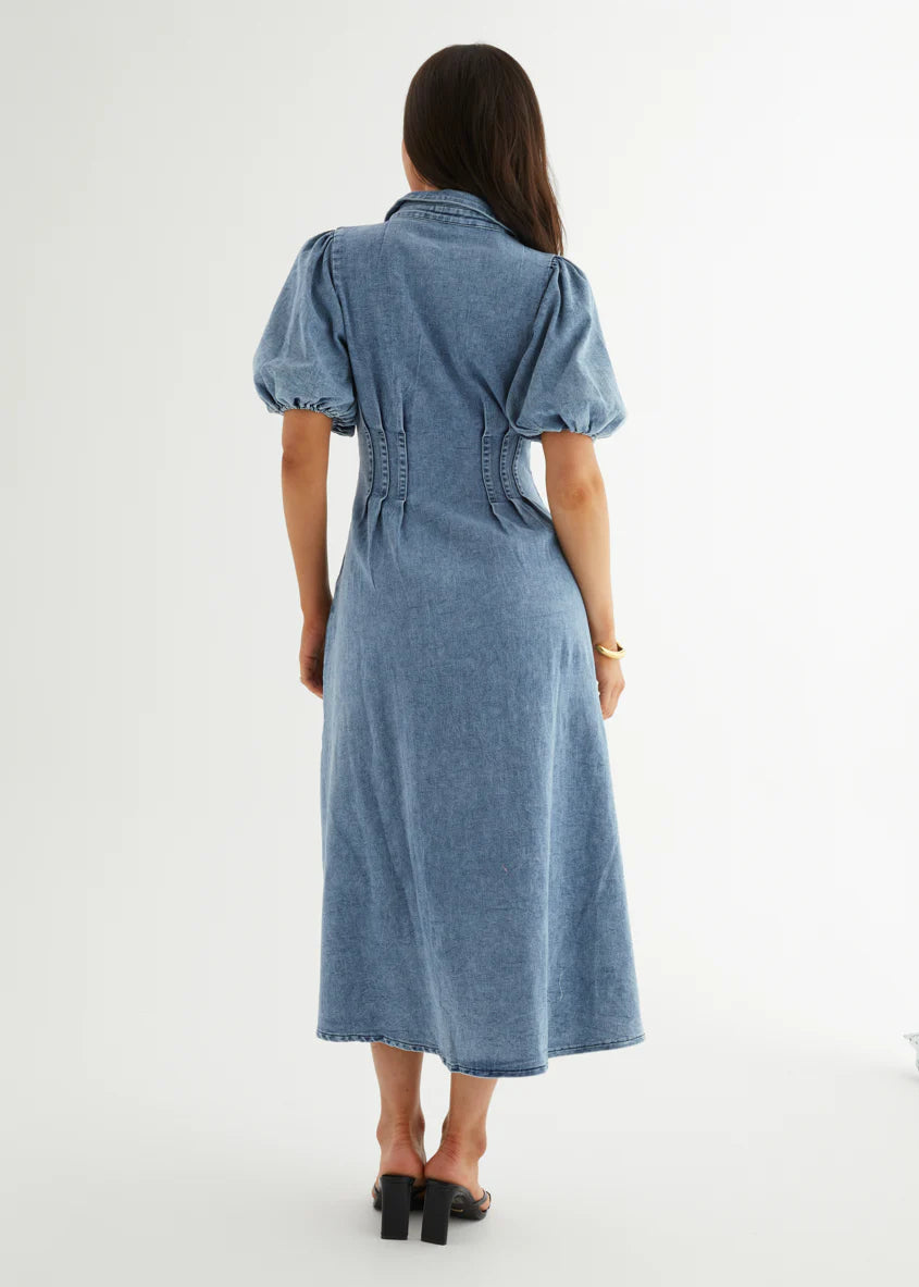 Yves Stretch Denim Midi Dress - Washed Blue