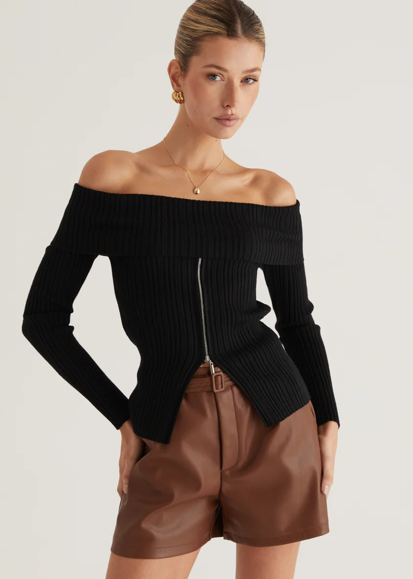 Ember Off Shoulder Knit Top - Black