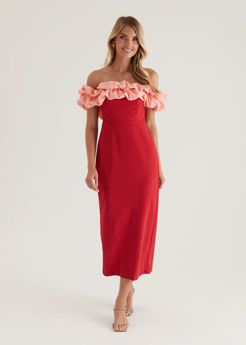 Ashlynn Off Shoulder Midi Dress - Cherry Splice