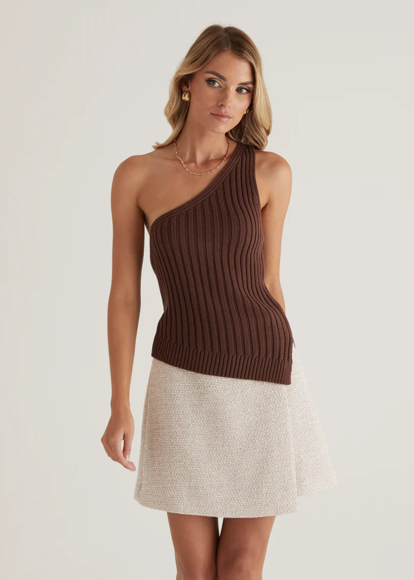 Natalee One Shoulder Knit Top - Chocolate
