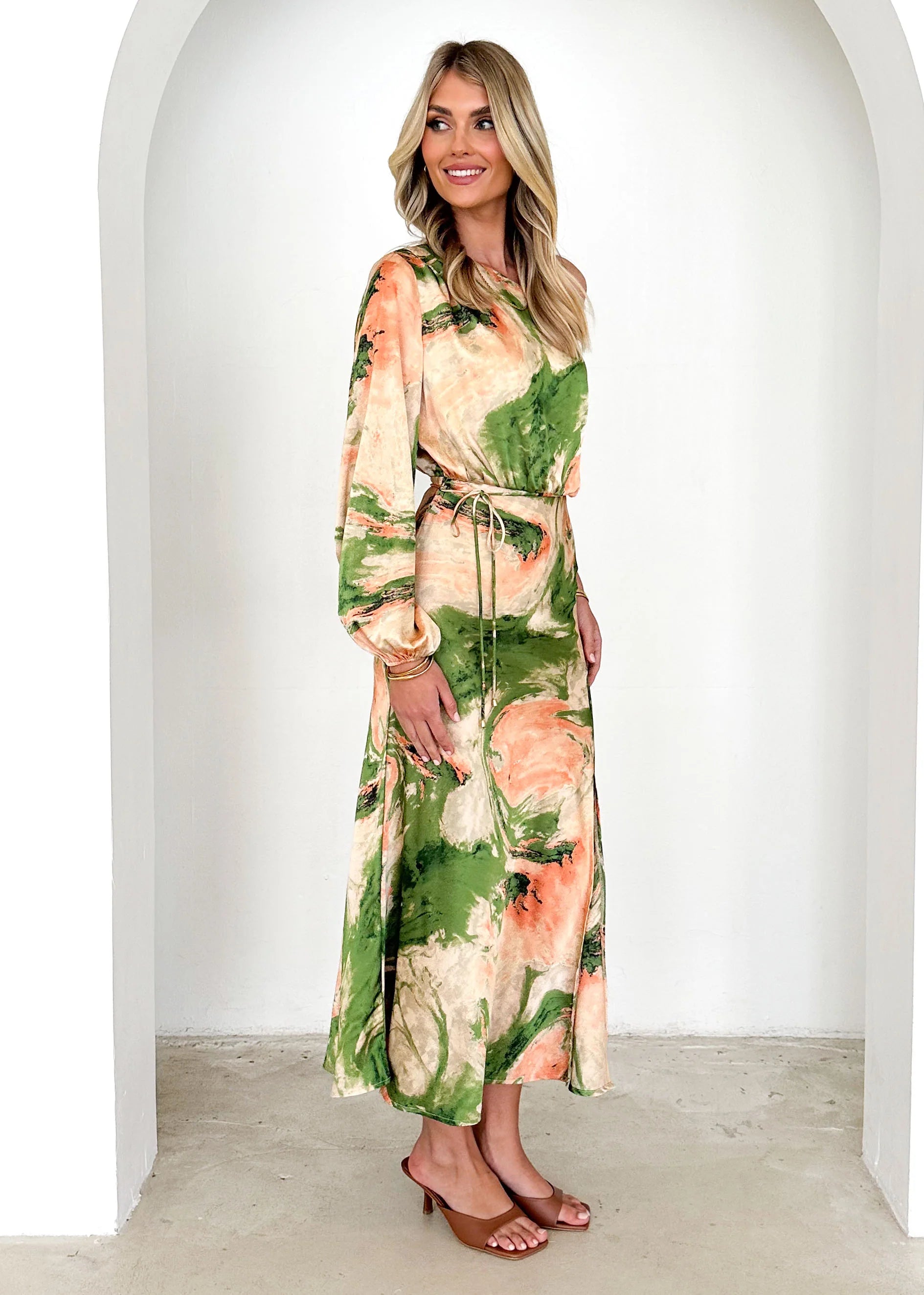 Elanor One Shoulder Midi Dress - Green Splash