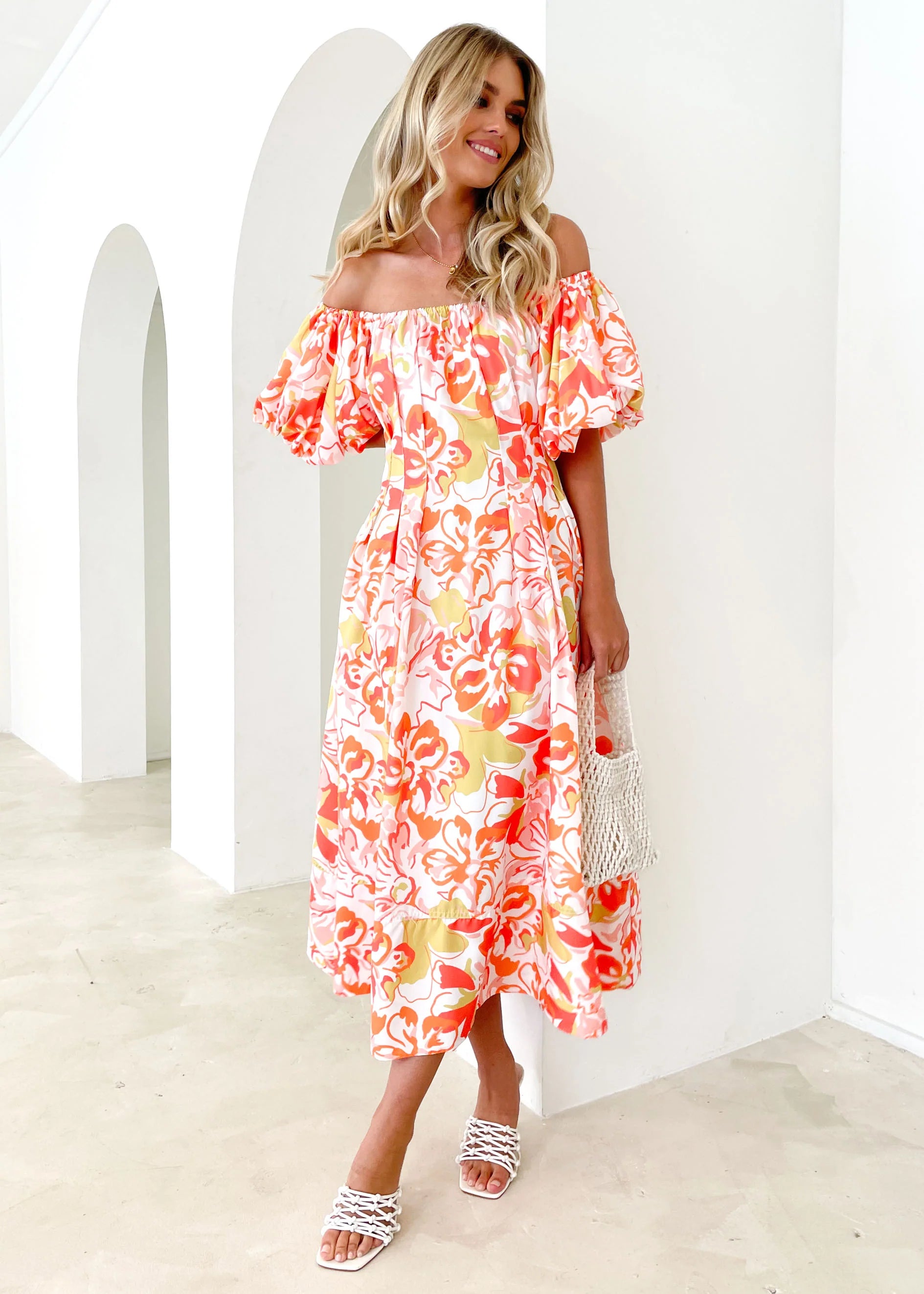 Jasmyn Off Shoulder Midi Dress - Mango Hibiscus