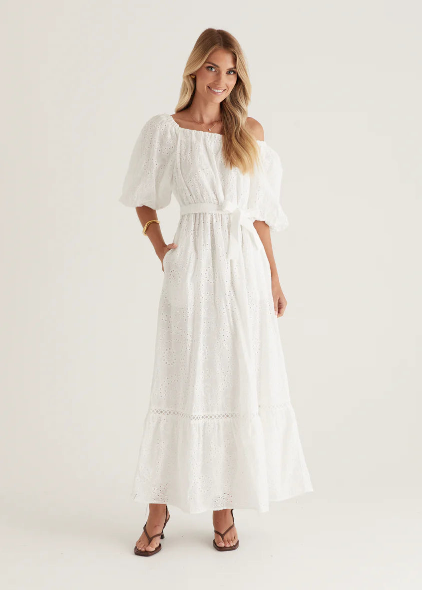 Ellerie Midi Dress - White Anglaise