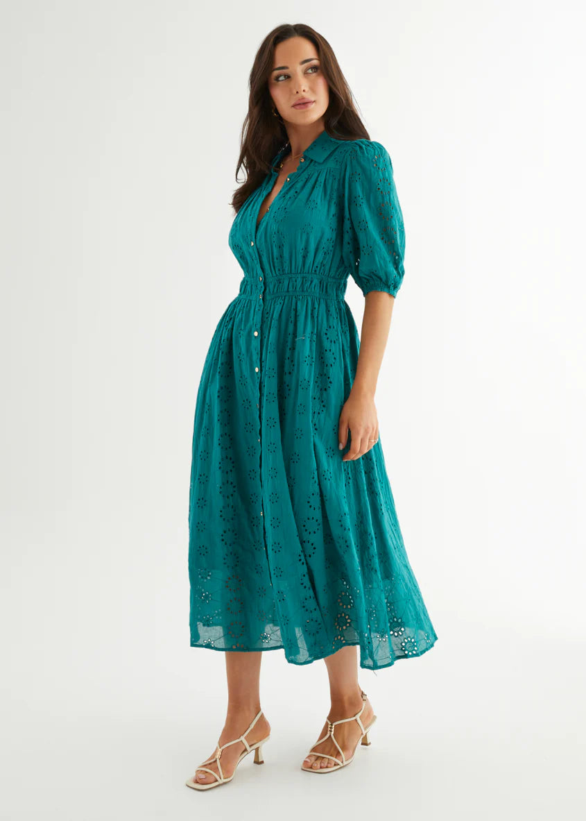 Eryn Midi Dress - Teal Anglaise