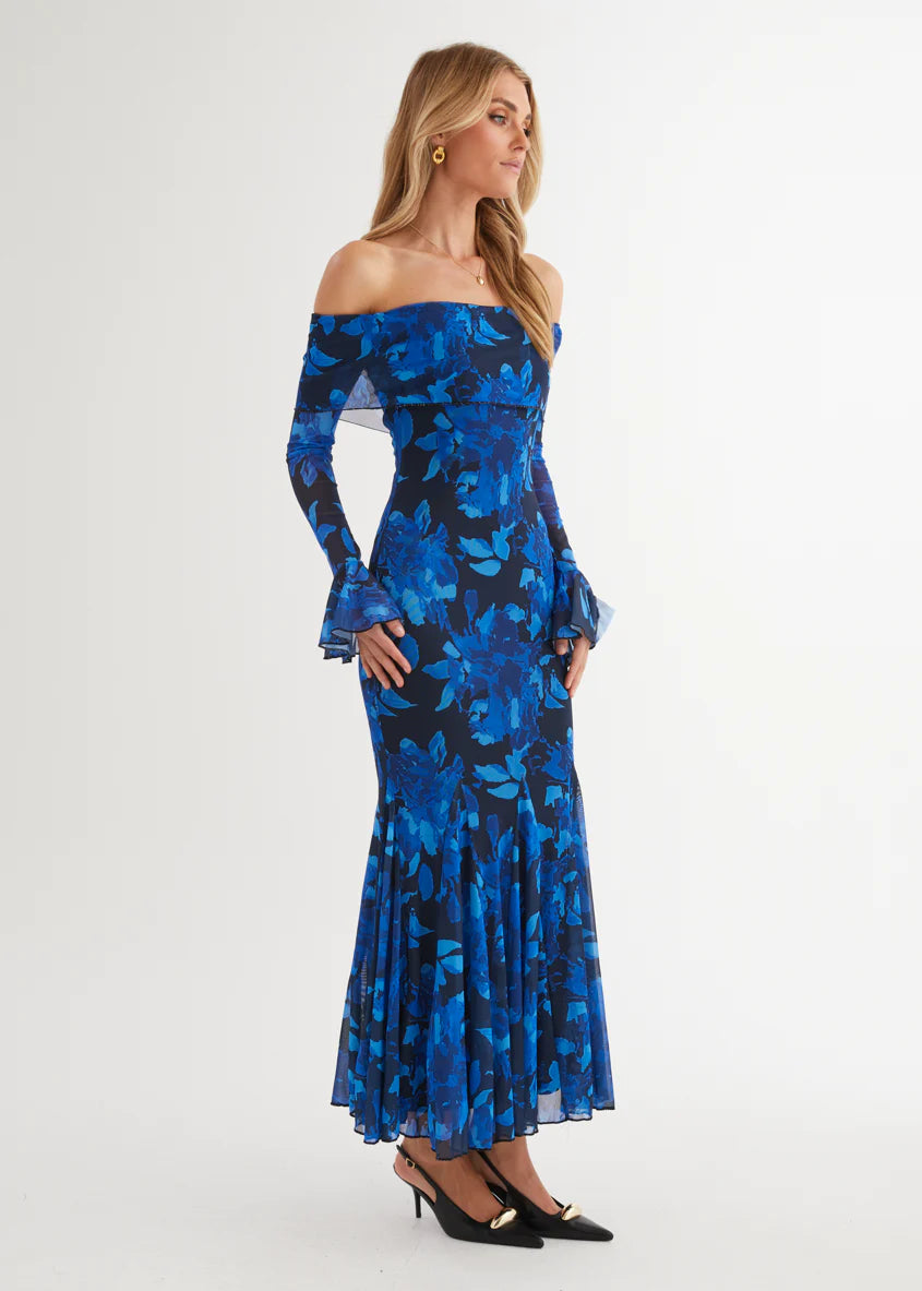 Linier Off Shoulder Mesh  Maxi Dress - Blue Floral