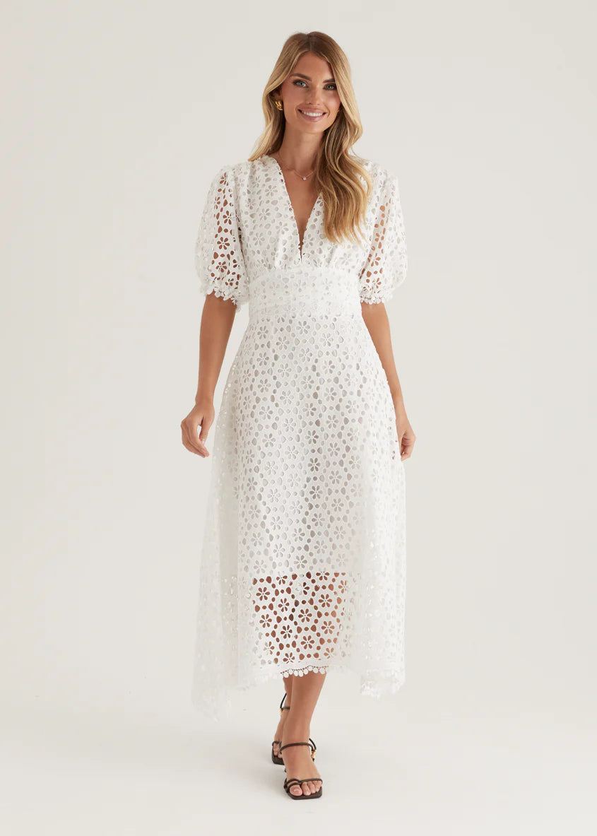 Jahra Lace Midi Dress - Off White