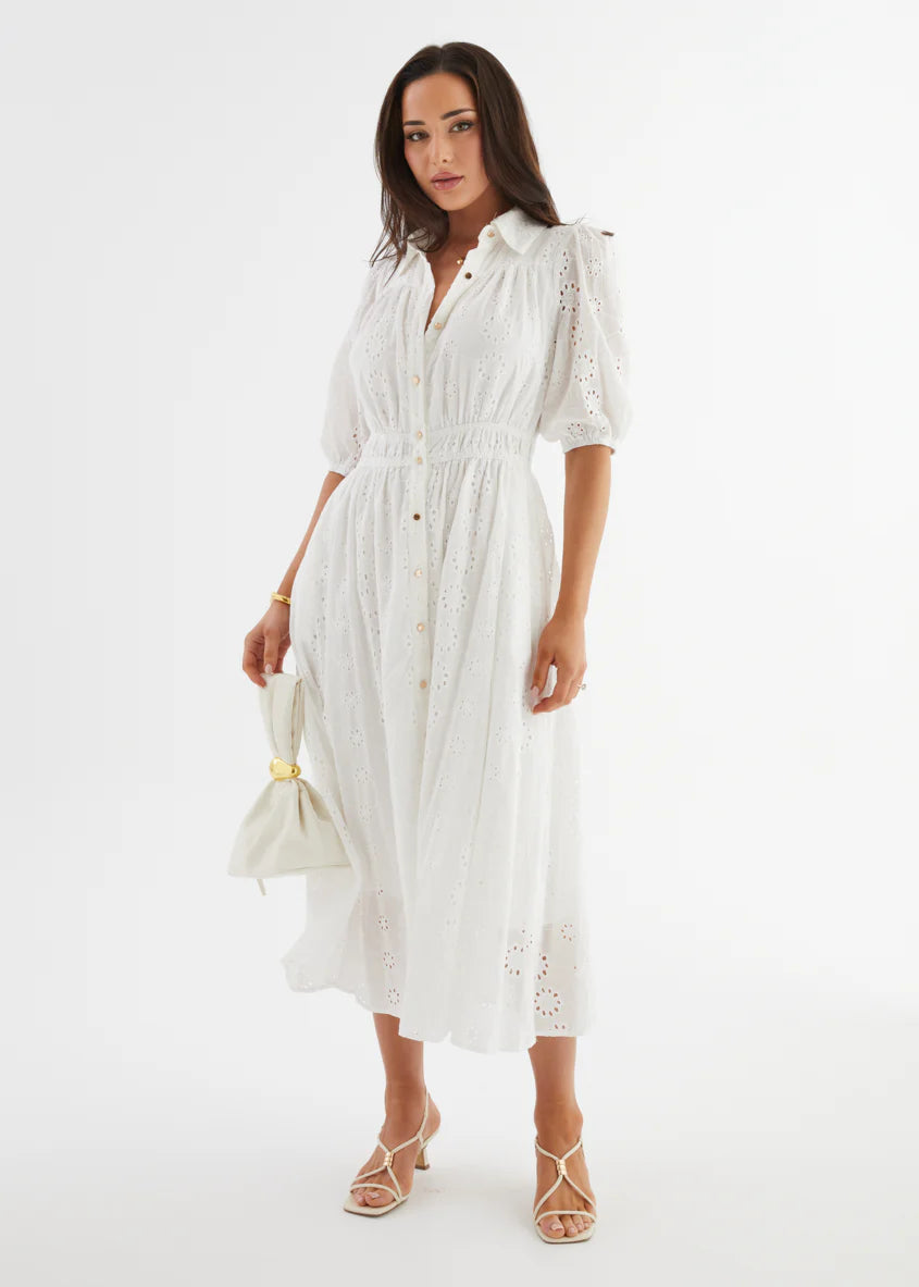 Eryn Midi Dress - White Anglaise