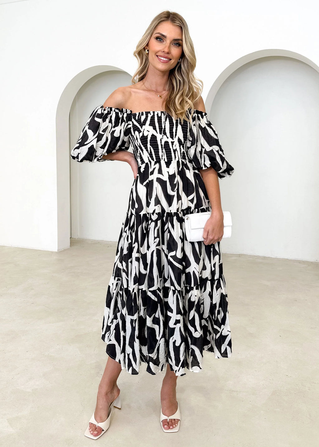 Irma Off Shoulder Midi Dress - Black Abstract