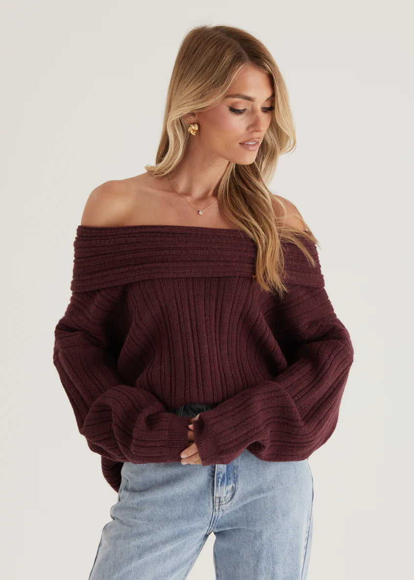 Shiloh Off Shoulder Sweater - Wine