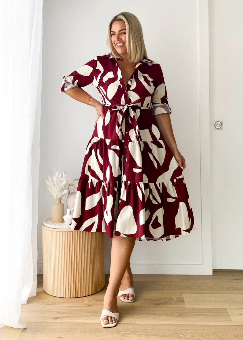 Maybelle Midi Dress - Burgundy Leaf