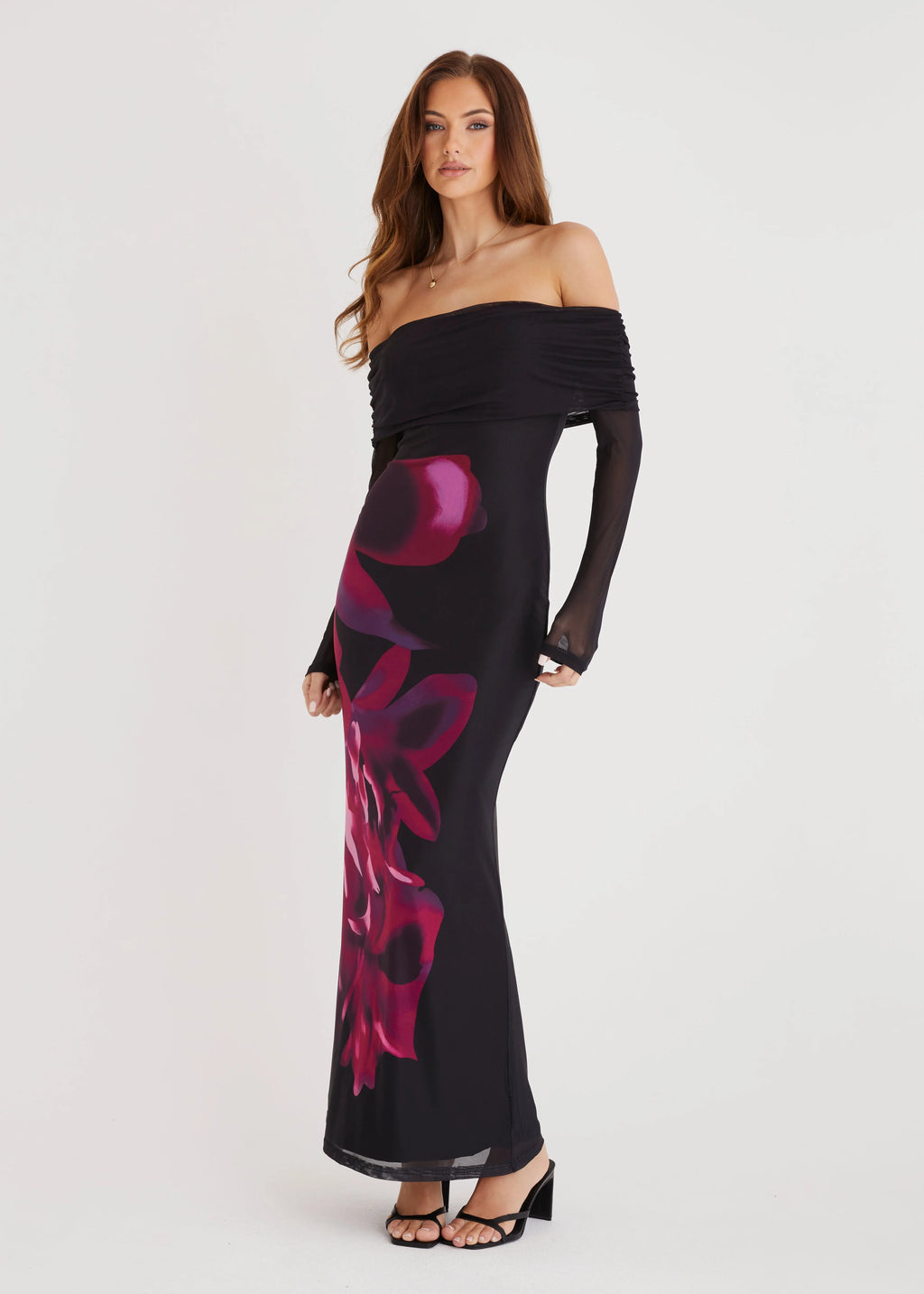 Slate Off Shoulder Mesh Maxi Dress - Black Floral