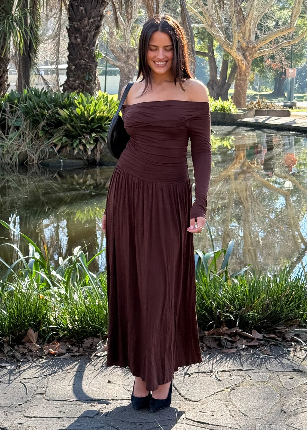 Aluna Off Shoulder Maxi Dress - Chocolate