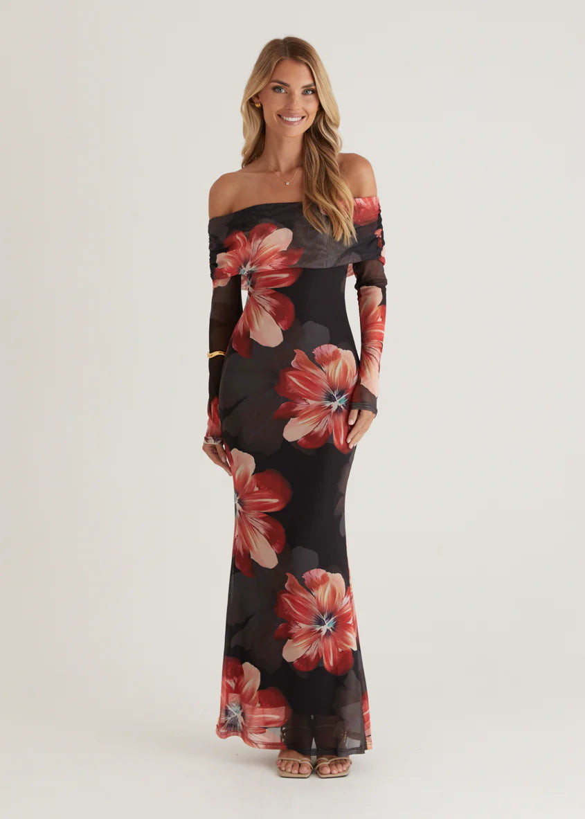 Sienna Mesh Off Shoulder Maxi Dress - Red Floral