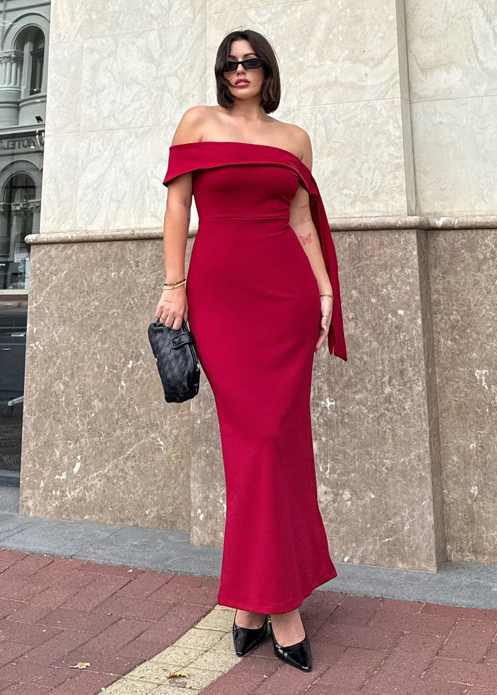 Renia Off Shoulder Maxi Dress - Cherry