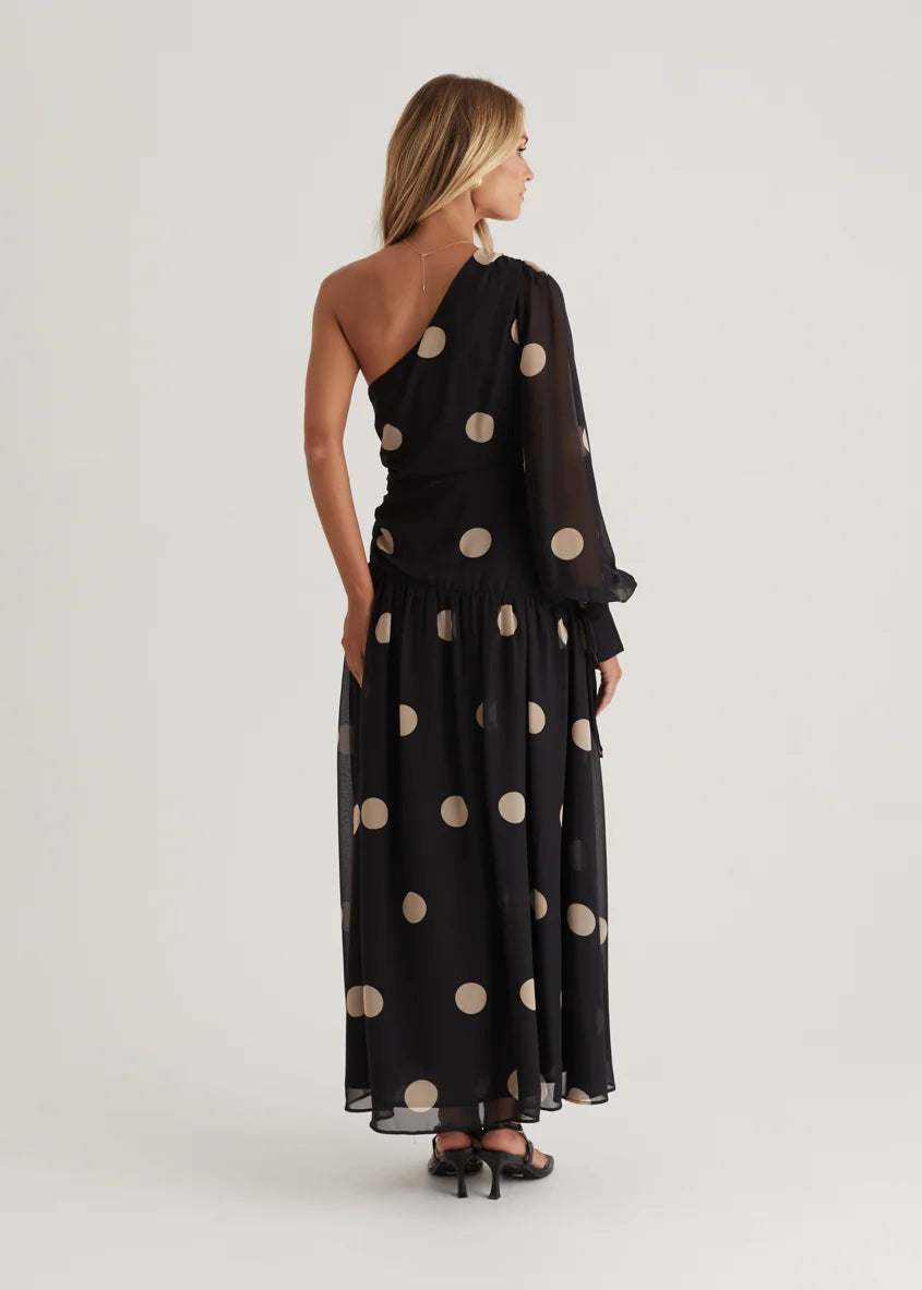 Ella One Shoulder Maxi Dress - Black Polka