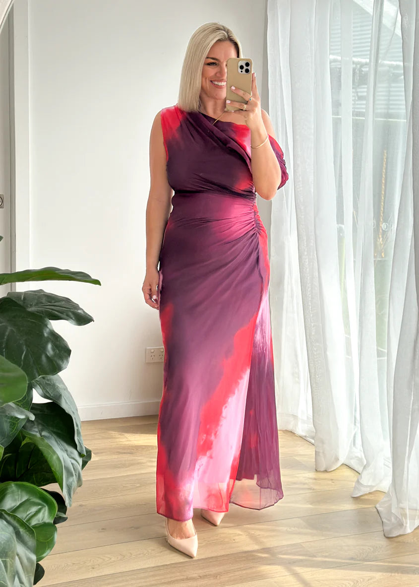 Byron One Shoulder Maxi Dress - Plum Tie Dye