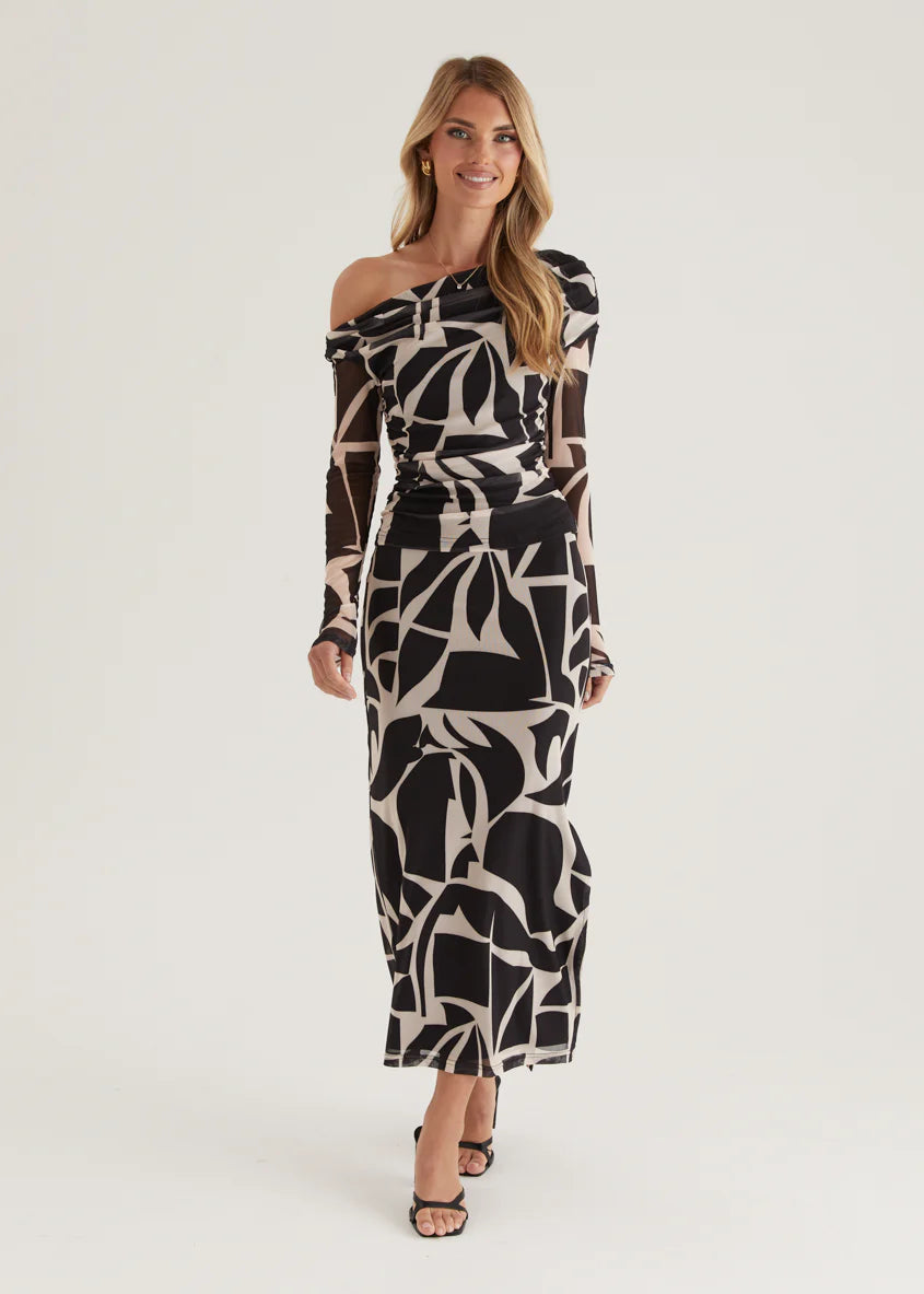 Mimi Mesh Maxi Skirt - Black Abstract