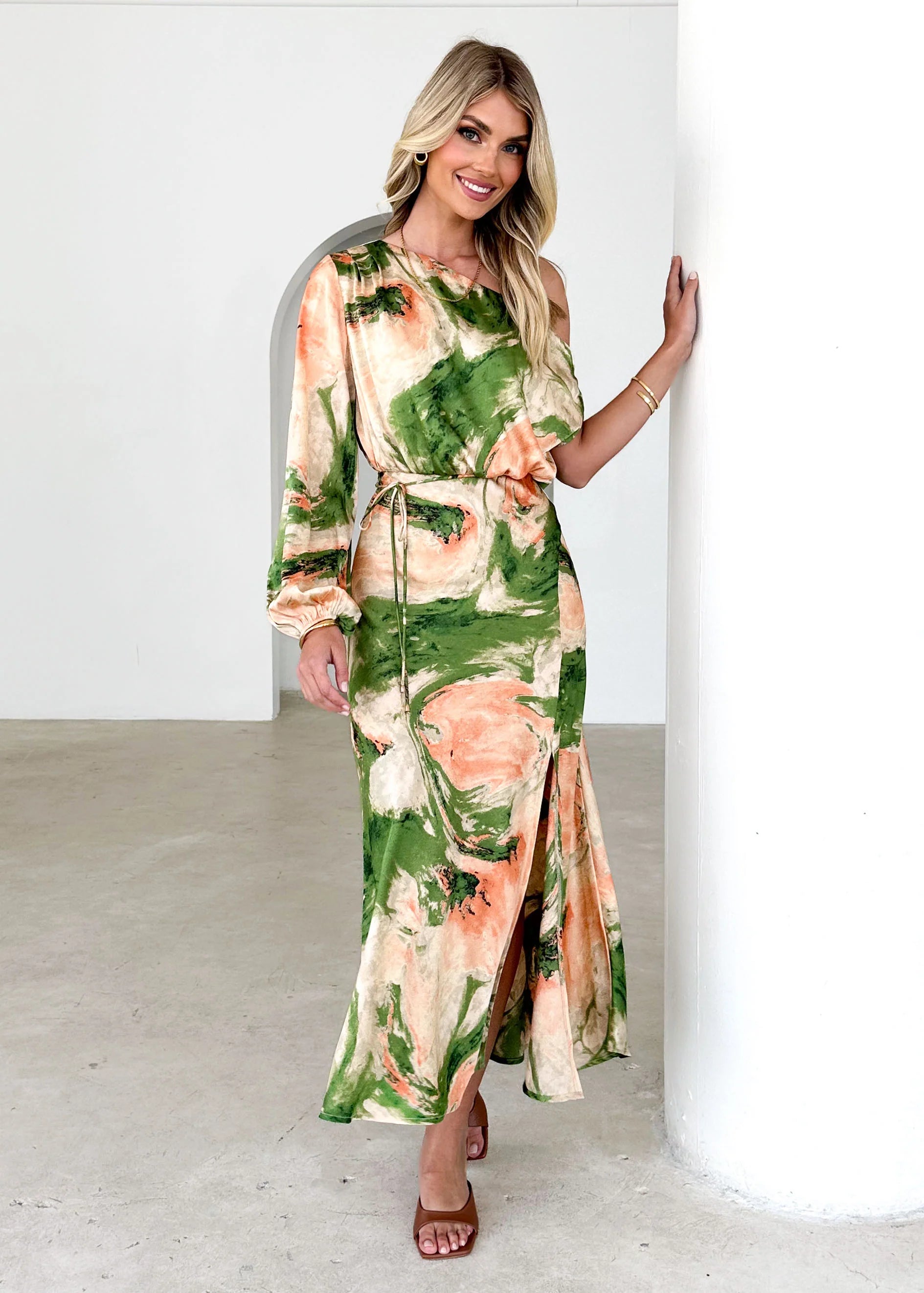 Elanor One Shoulder Midi Dress - Green Splash