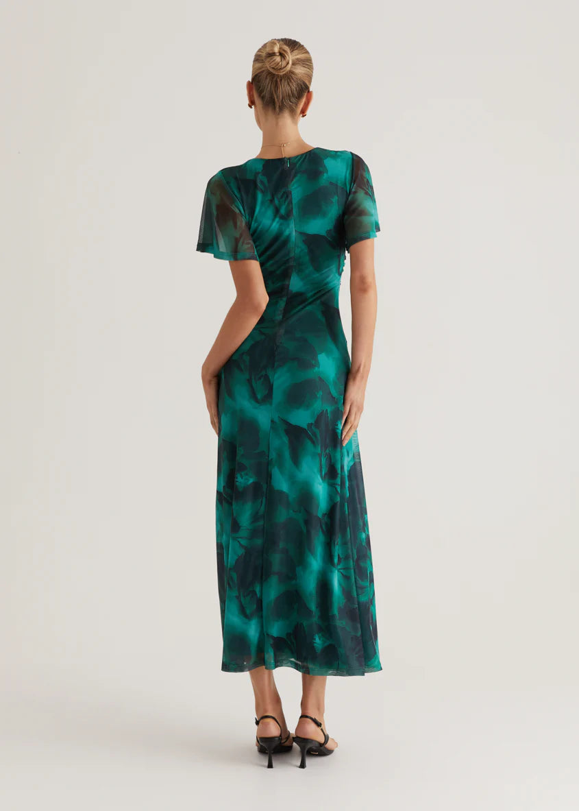 Ricki Mesh Midi Dress - Emerald Watercolour