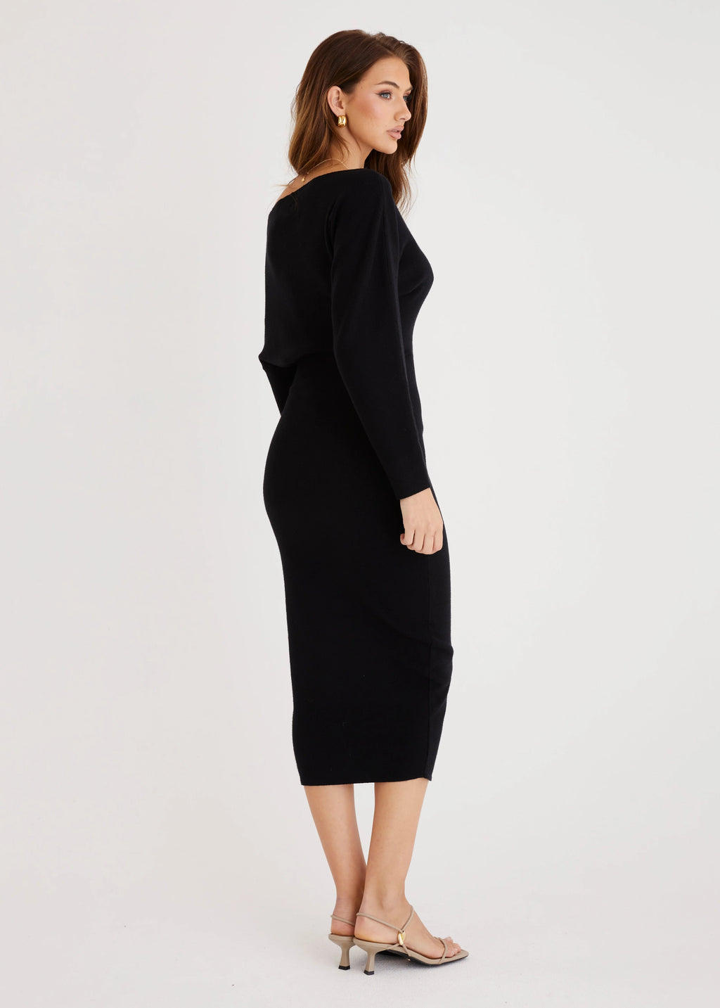 Milena Drop Shoulder Knit Midi Dress - Black