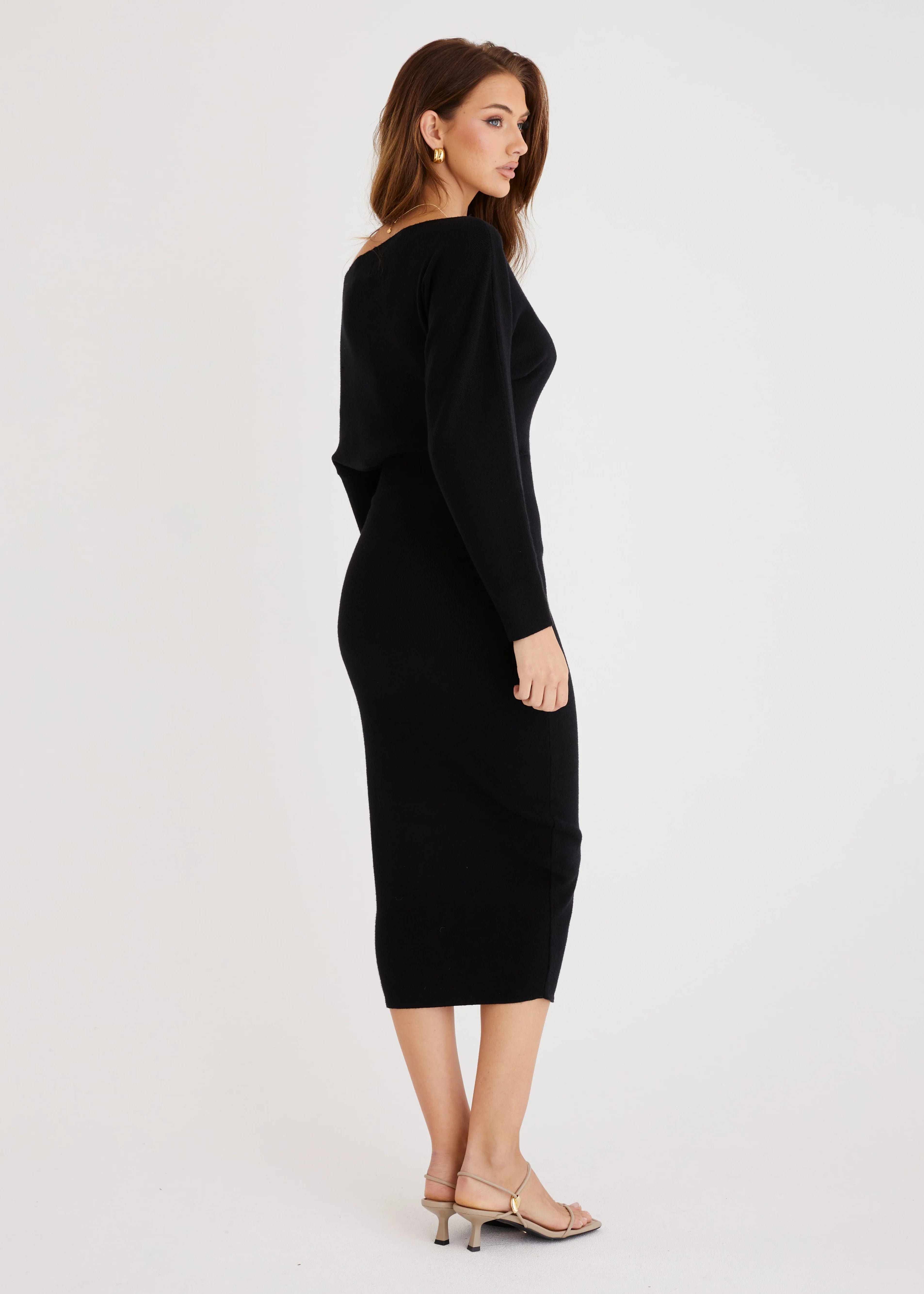 Milena Drop Shoulder Knit Midi Dress - Black
