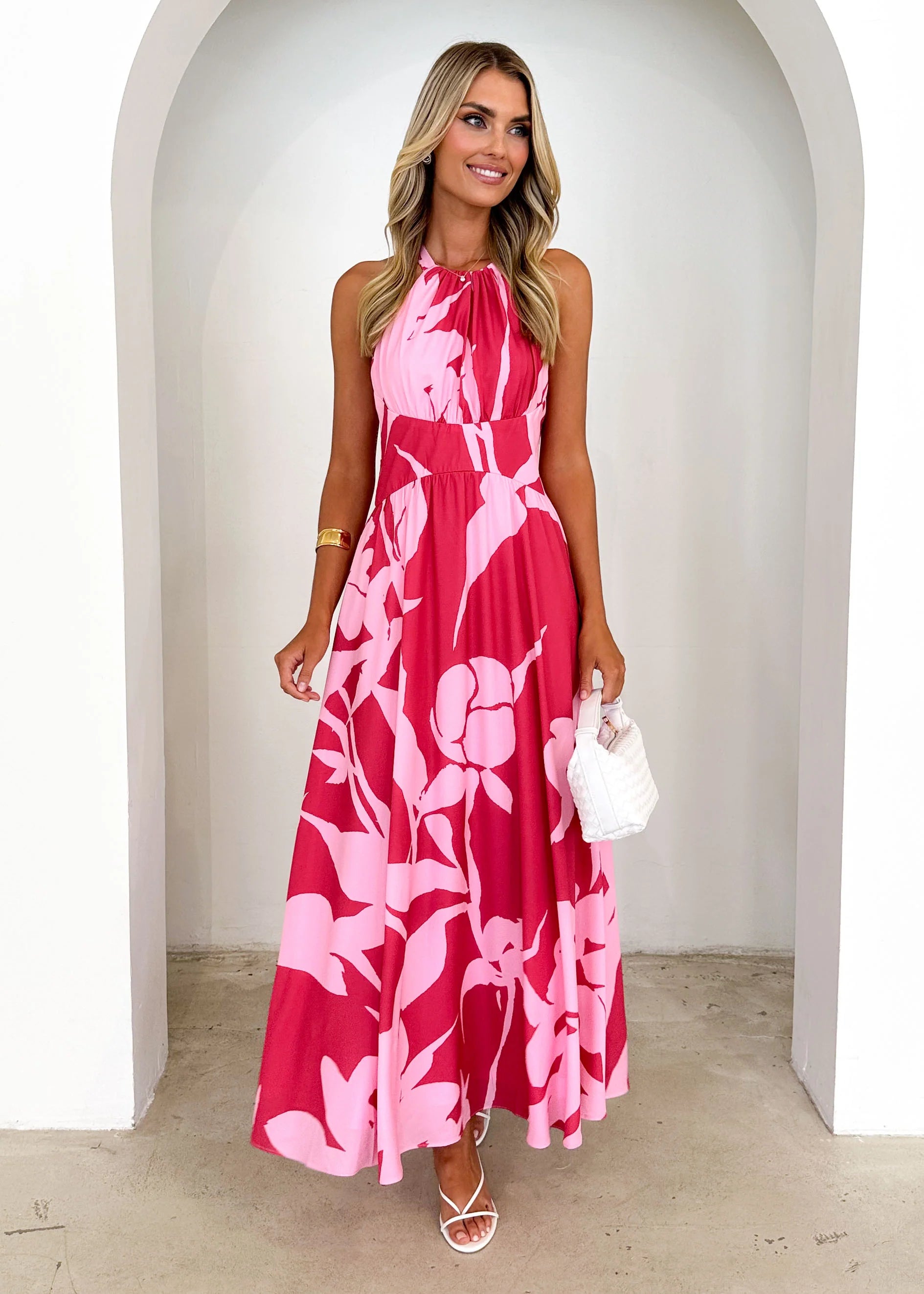 Madeleine Halter Maxi Dress - Pink Leaf