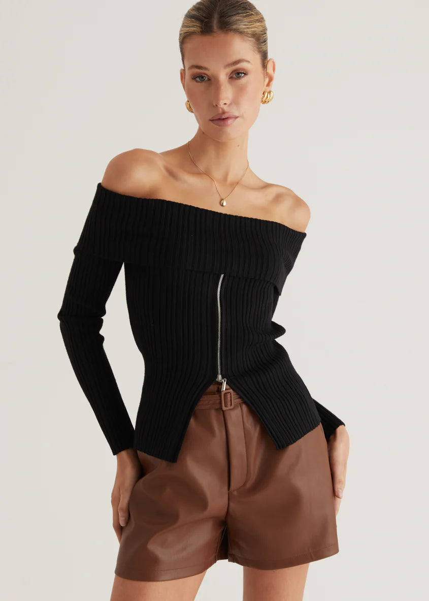 Ember Off Shoulder Knit Top - Black