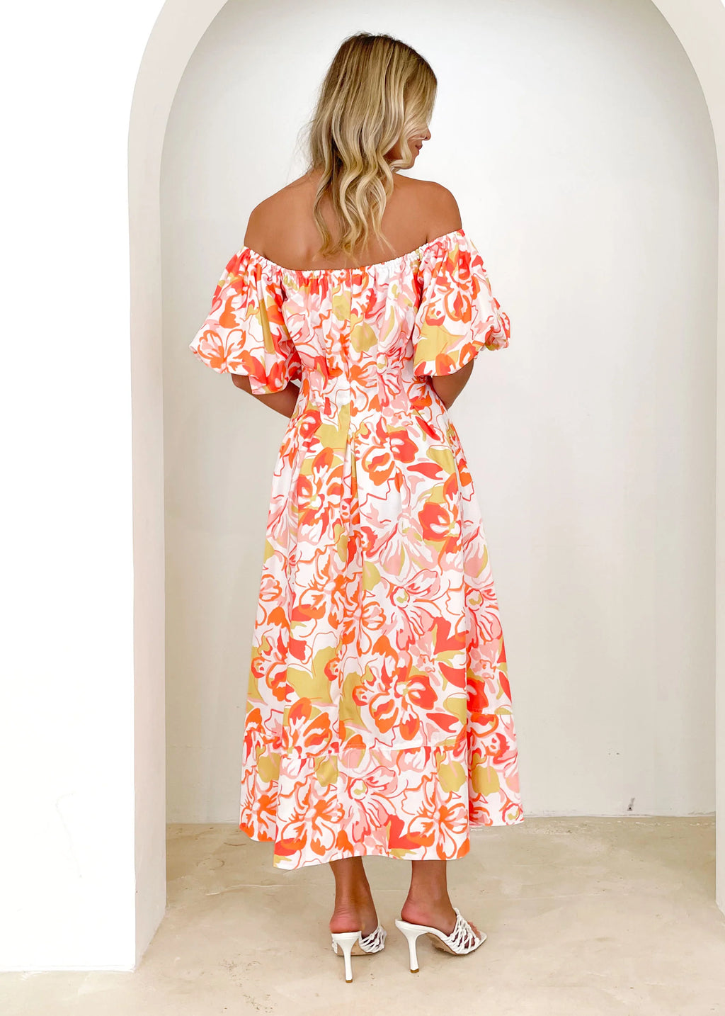 Jasmyn Off Shoulder Midi Dress - Mango Hibiscus