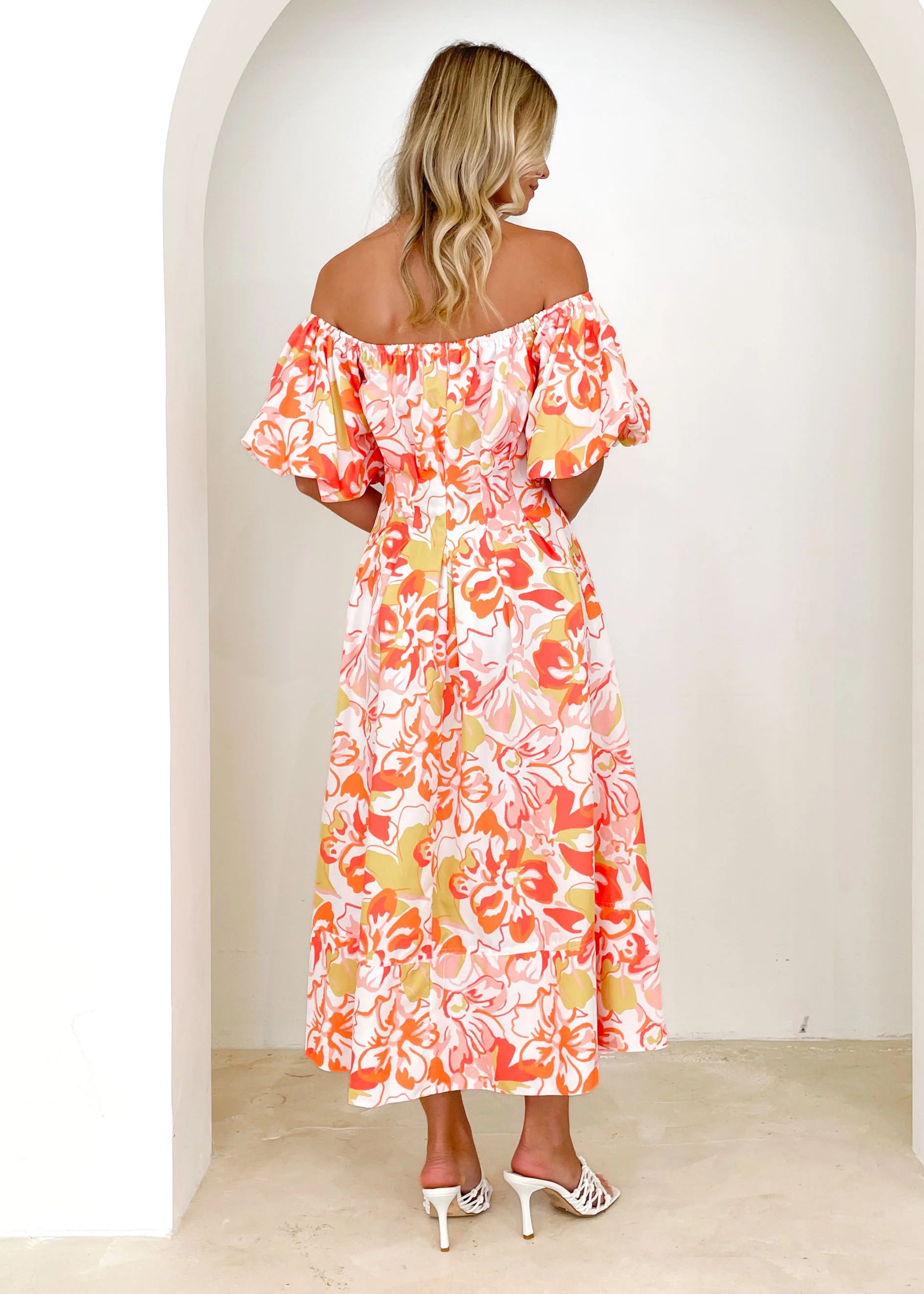 Jasmyn Off Shoulder Midi Dress - Mango Hibiscus