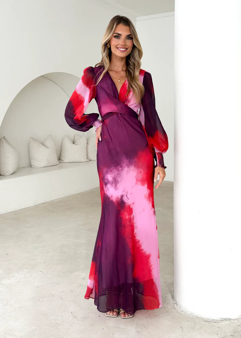 Camellia Midi Dress - Plum Tie Dye
