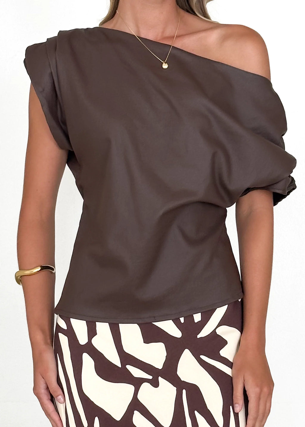 Inka One Shoulder Coated Top - Chocolate
