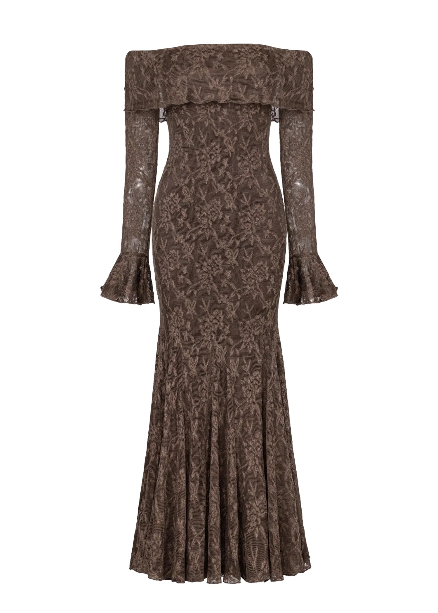 Cabo Off Shoulder Lace Maxi Dress - Chocolate