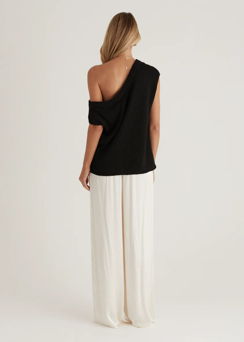 Casoni One Shoulder Knit Top - Black