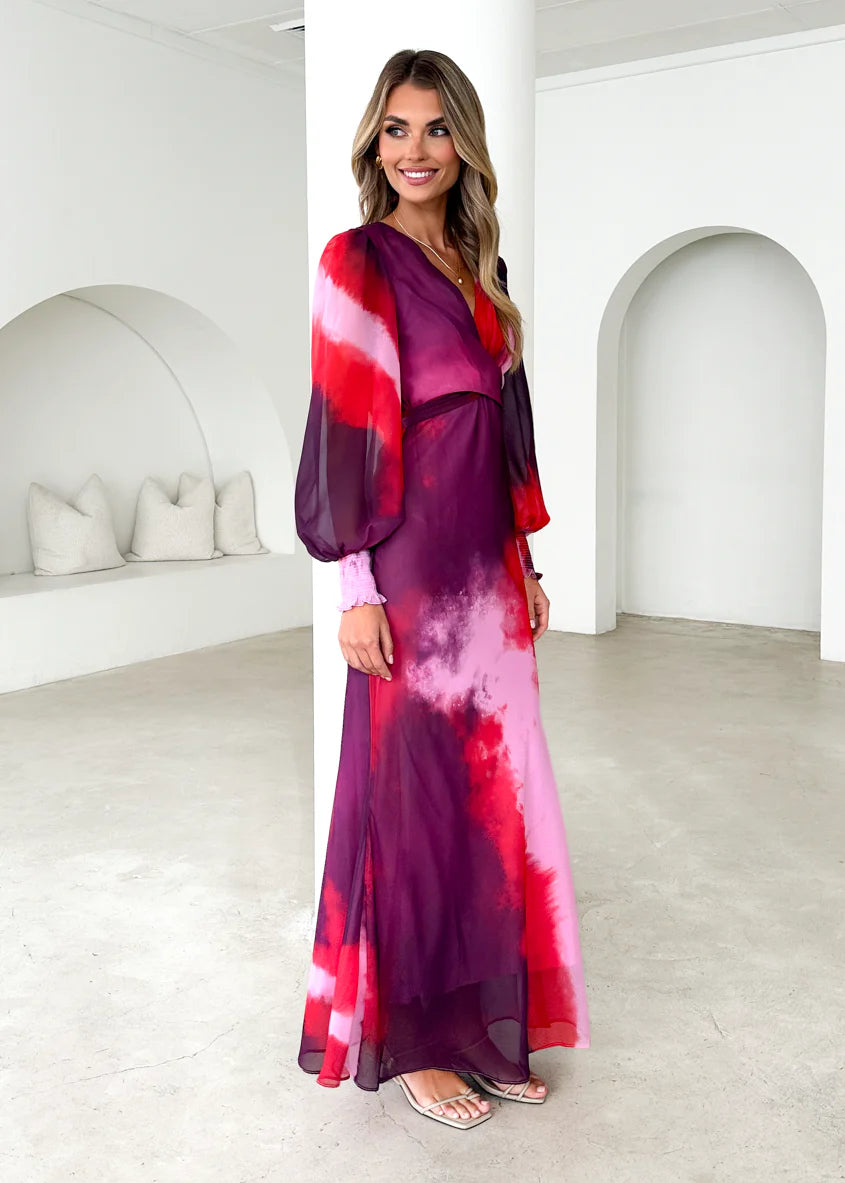 Camellia Midi Dress - Plum Tie Dye