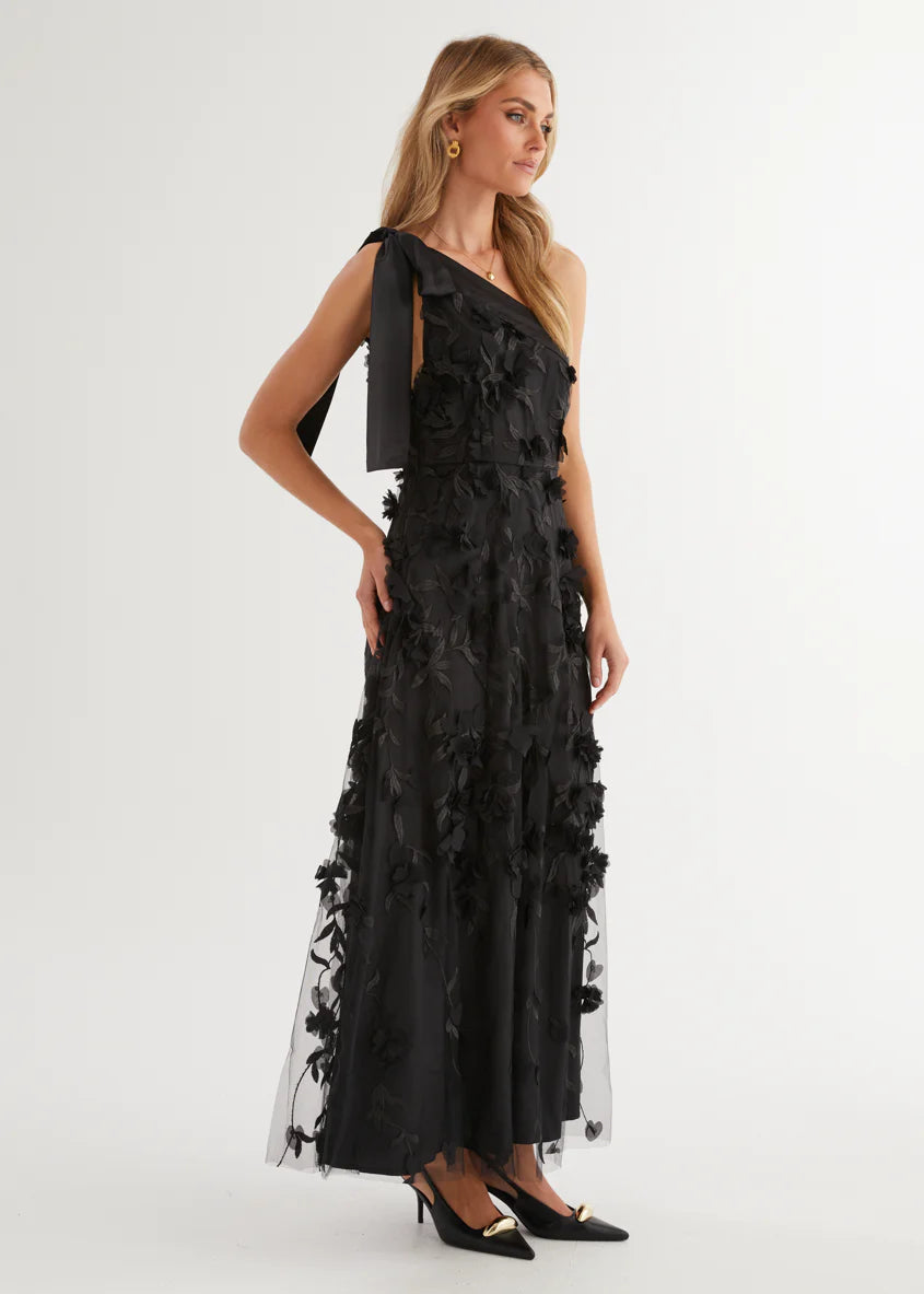 Devotion One Shoulder Midi Dress - Black