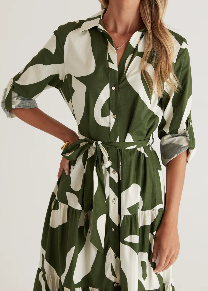 Maybelle Midi Dress - Khaki Leaf