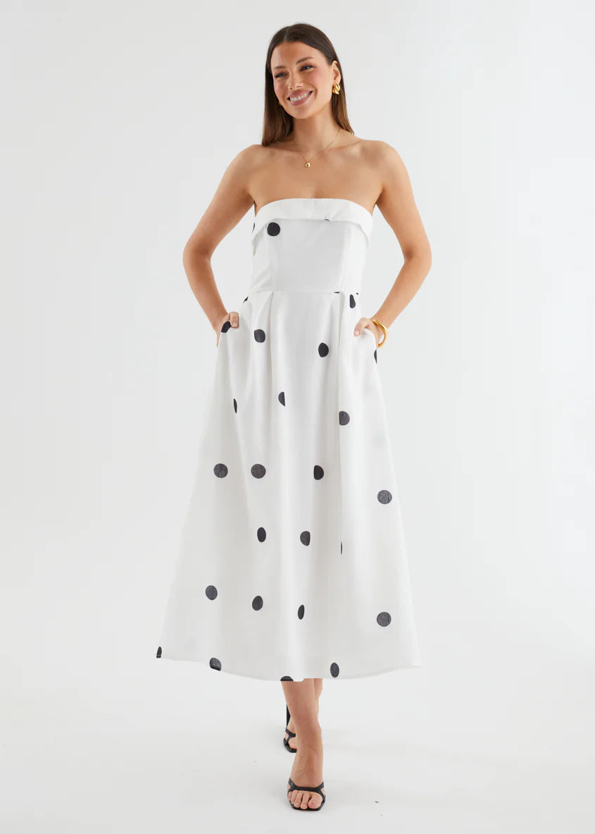 Charlee Strapless Midi Dress - White Polka
