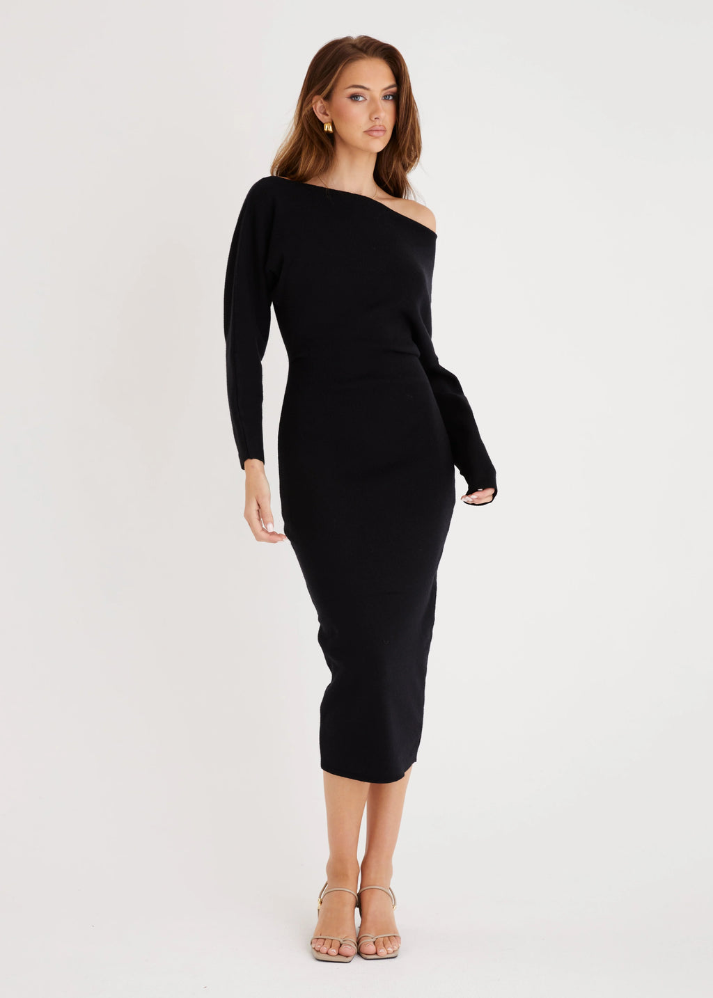 Milena Drop Shoulder Knit Midi Dress - Black