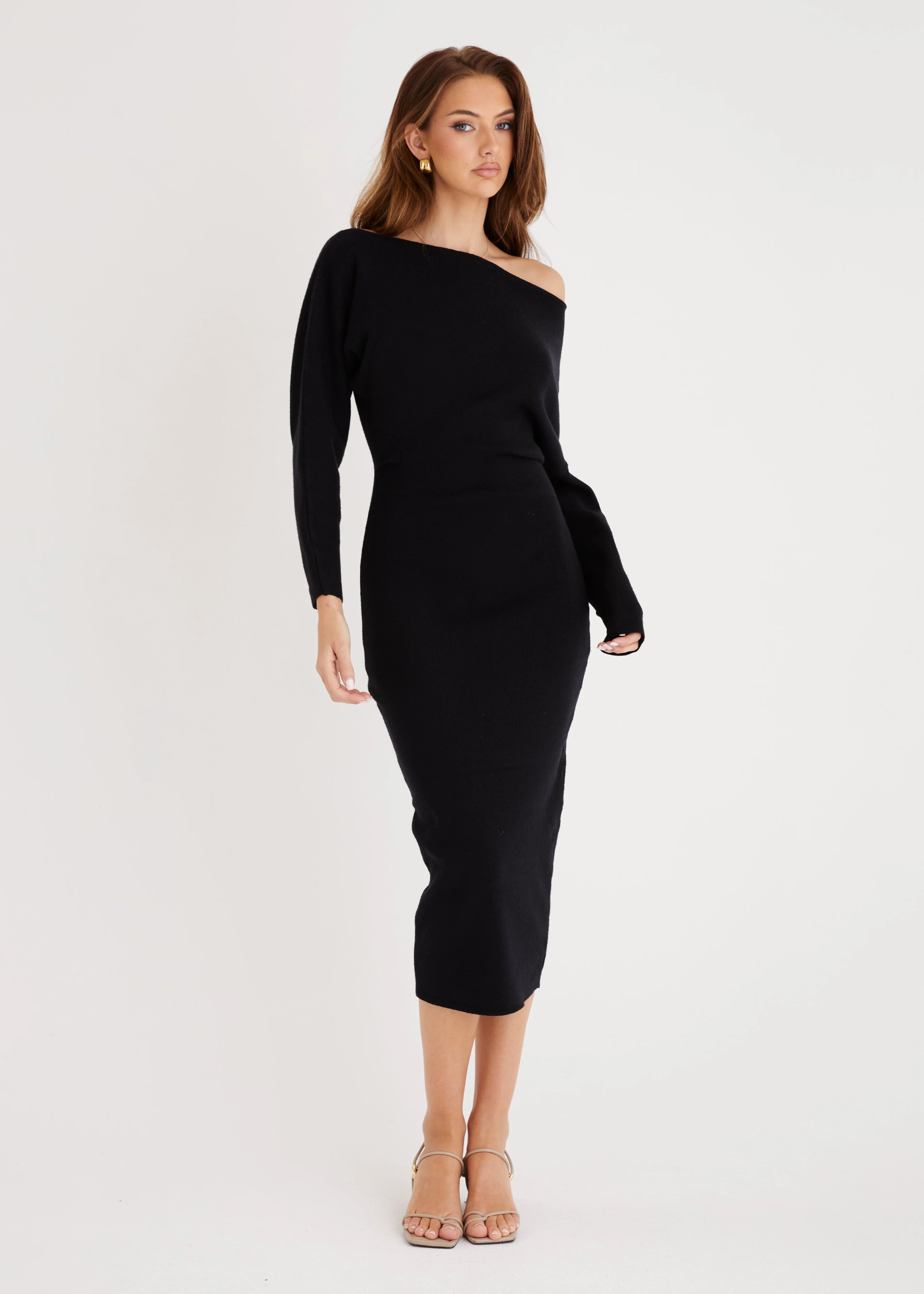 Milena Drop Shoulder Knit Midi Dress - Black