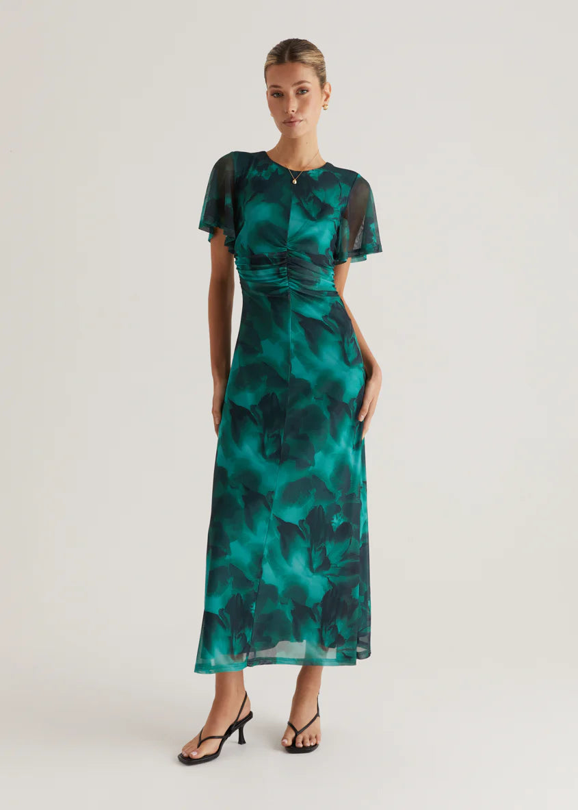 Ricki Mesh Midi Dress - Emerald Watercolour