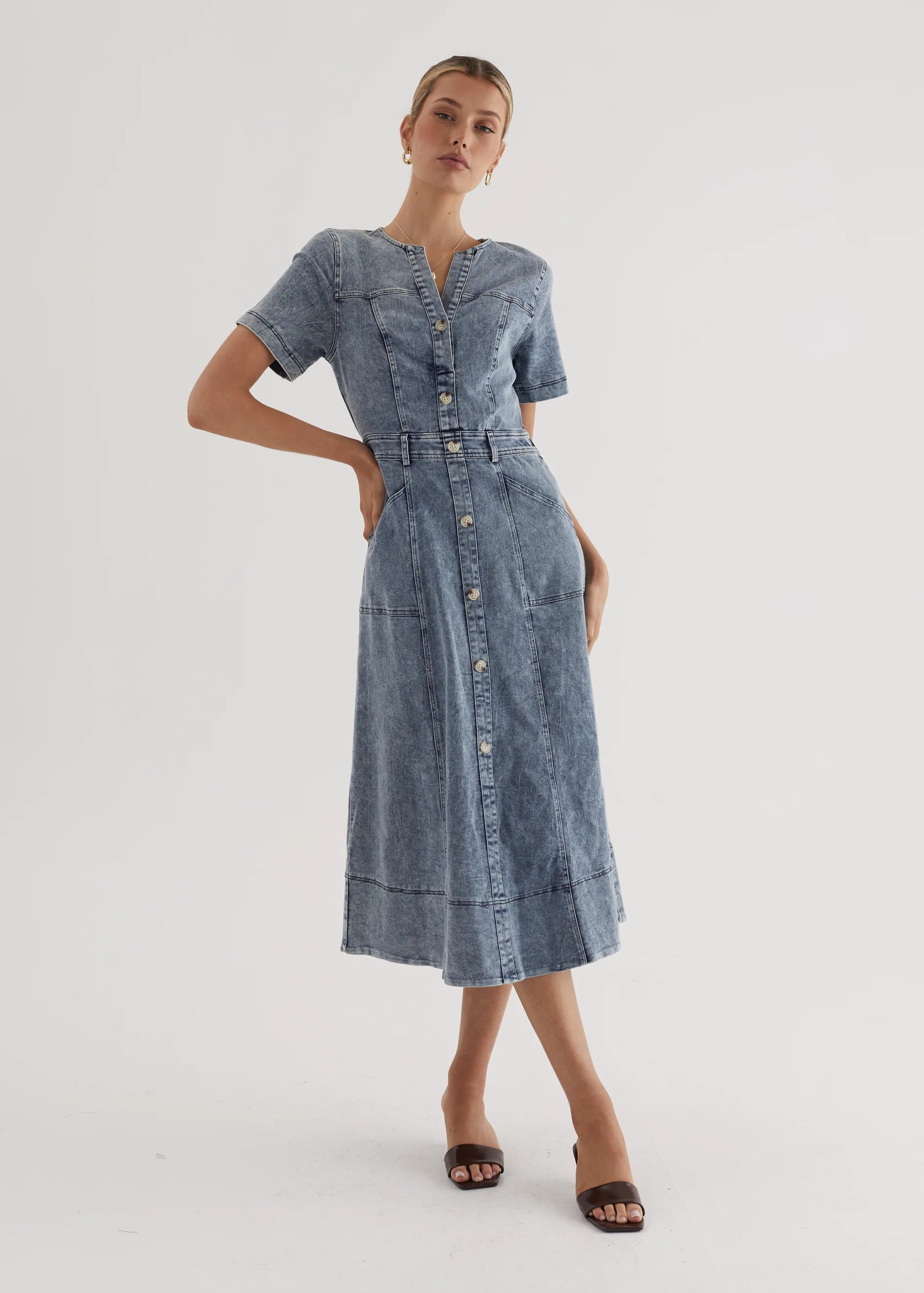 Petra Denim Midi Dress - Washed Blue