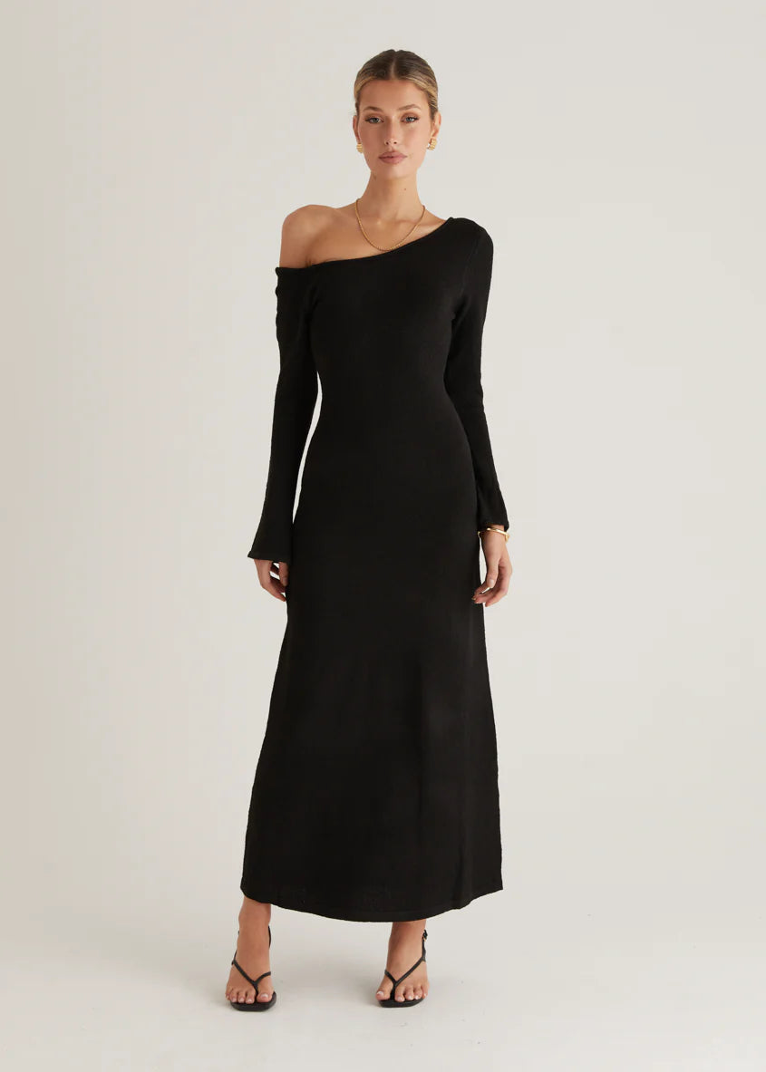 Loco One Shoulder Knit Maxi Dress - Black